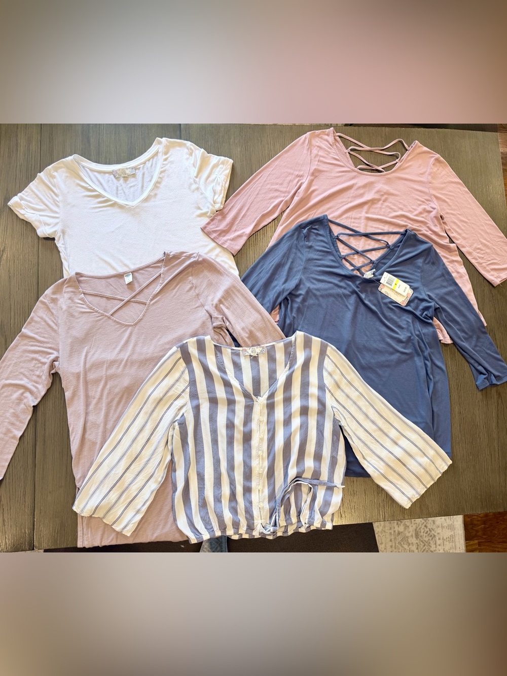 Pink Rose Mixed Long-Sleeve Tee Bundle in White, Dusty Pink, Blue and Stripe